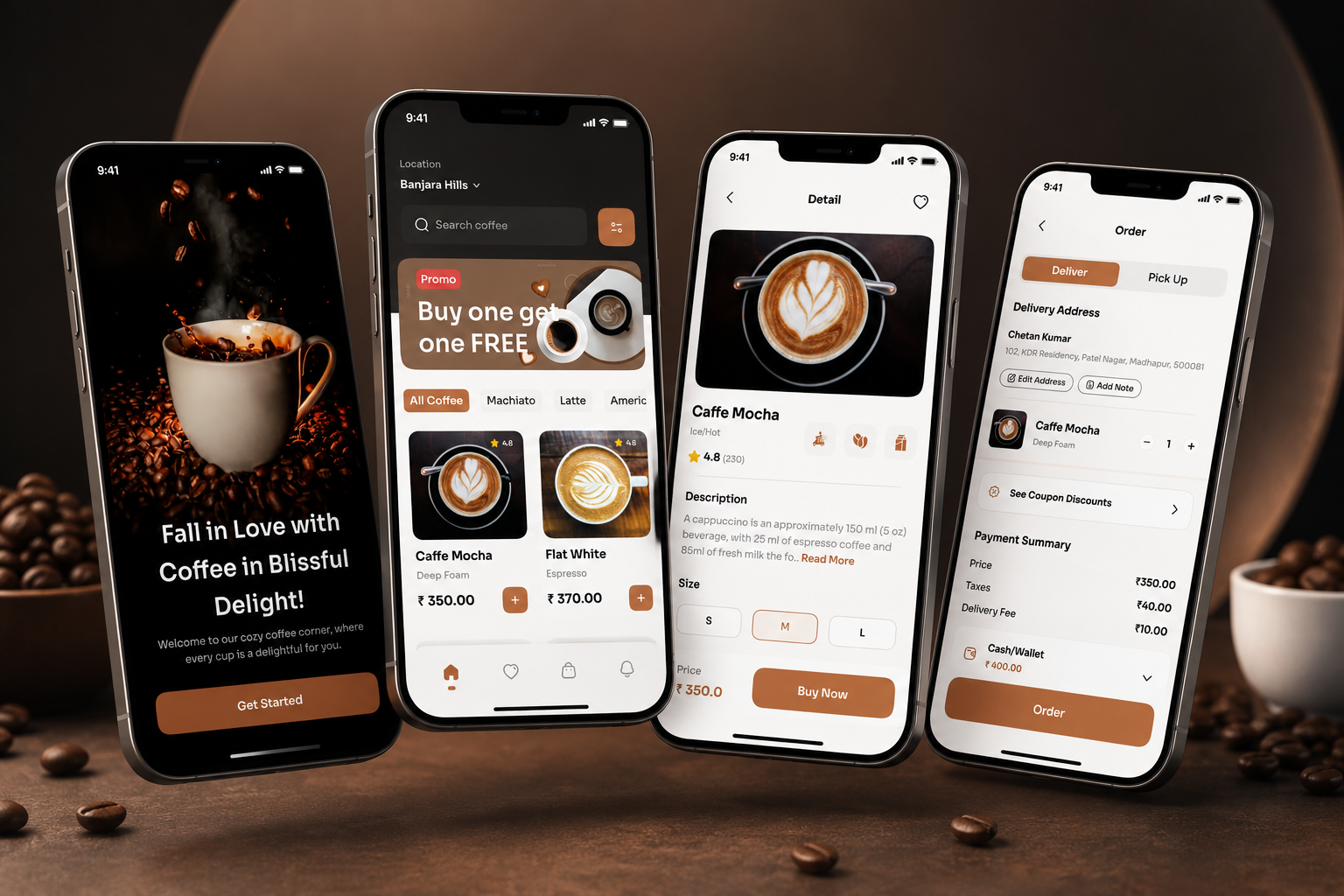 Coffee ordering mobile application screens
