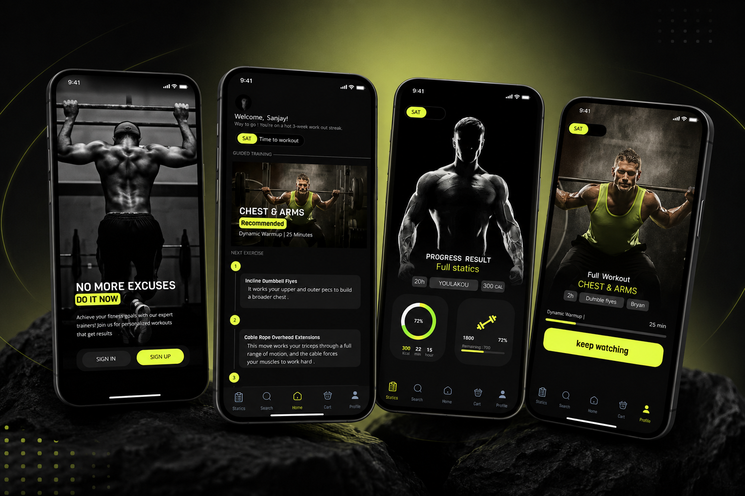 Fitness training mobile application screens